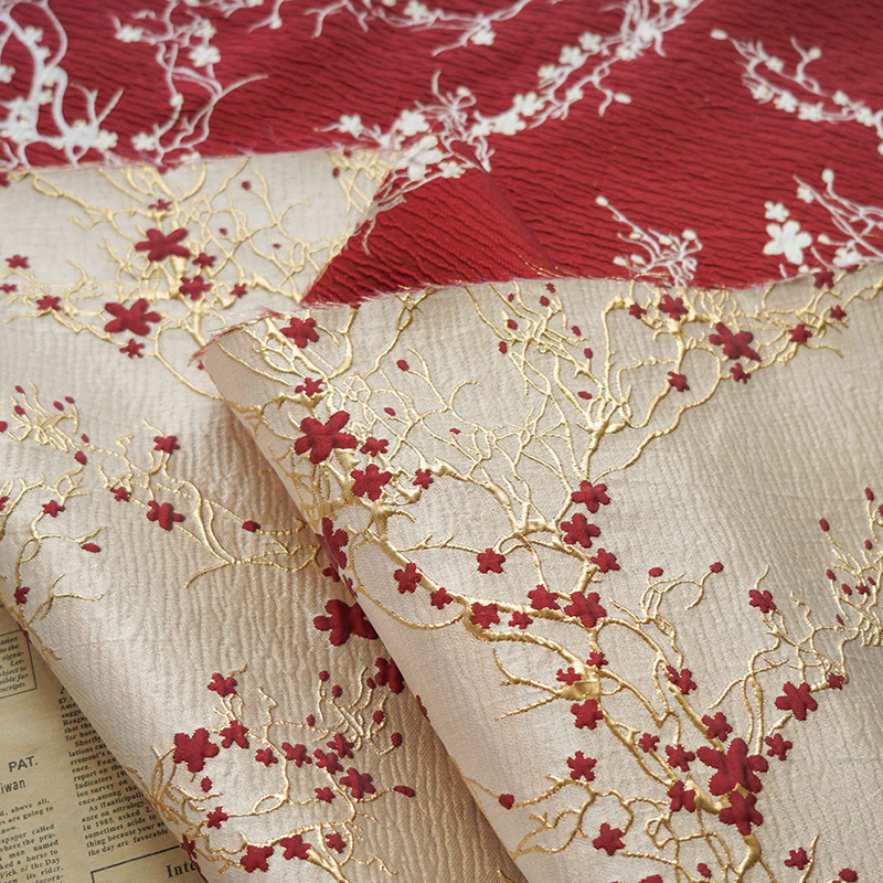 Crystal Mesh Fabric - Luksusowa czerwona kwiat śliwy żakardowa tkanina